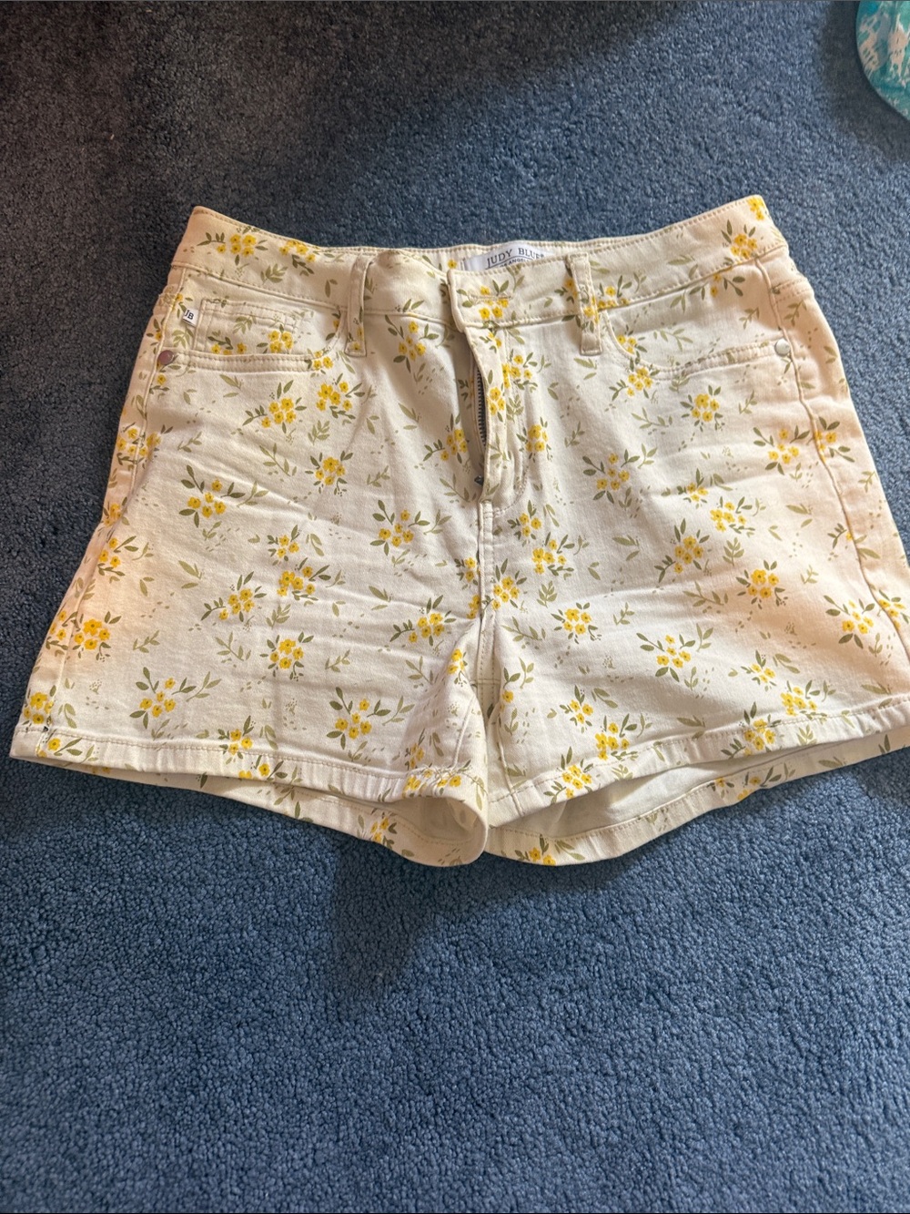 Judy Blue Cream Floral High-Rise Jean Shorts with Yellow Print